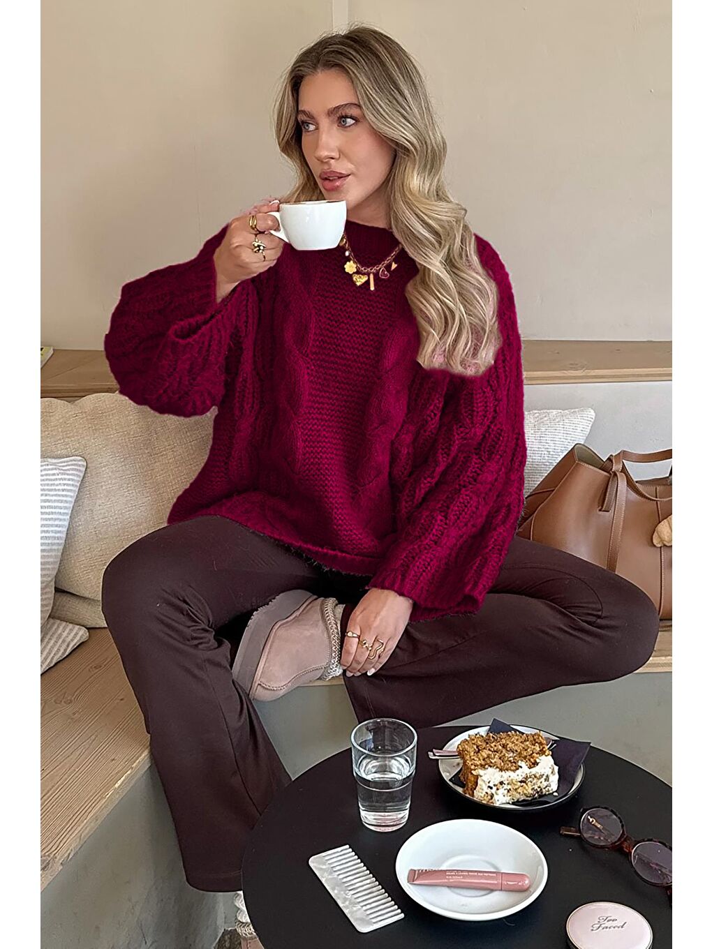 Bordo Bisiklet Yaka Örgü Desen Kadın Triko Kazak Mg2601-2