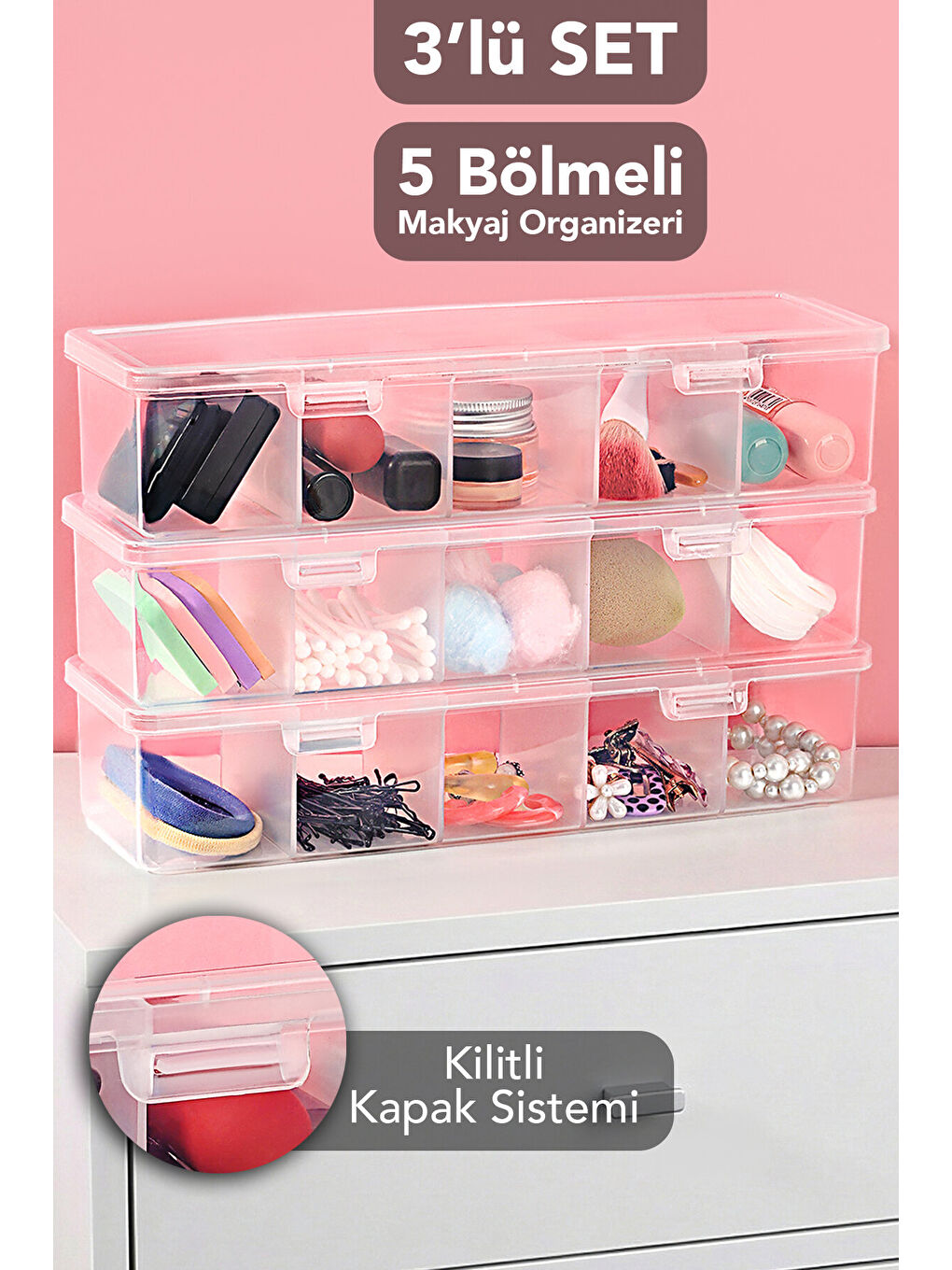 3 Adet 5 Bölmeli Kapaklı Takı Kutusu