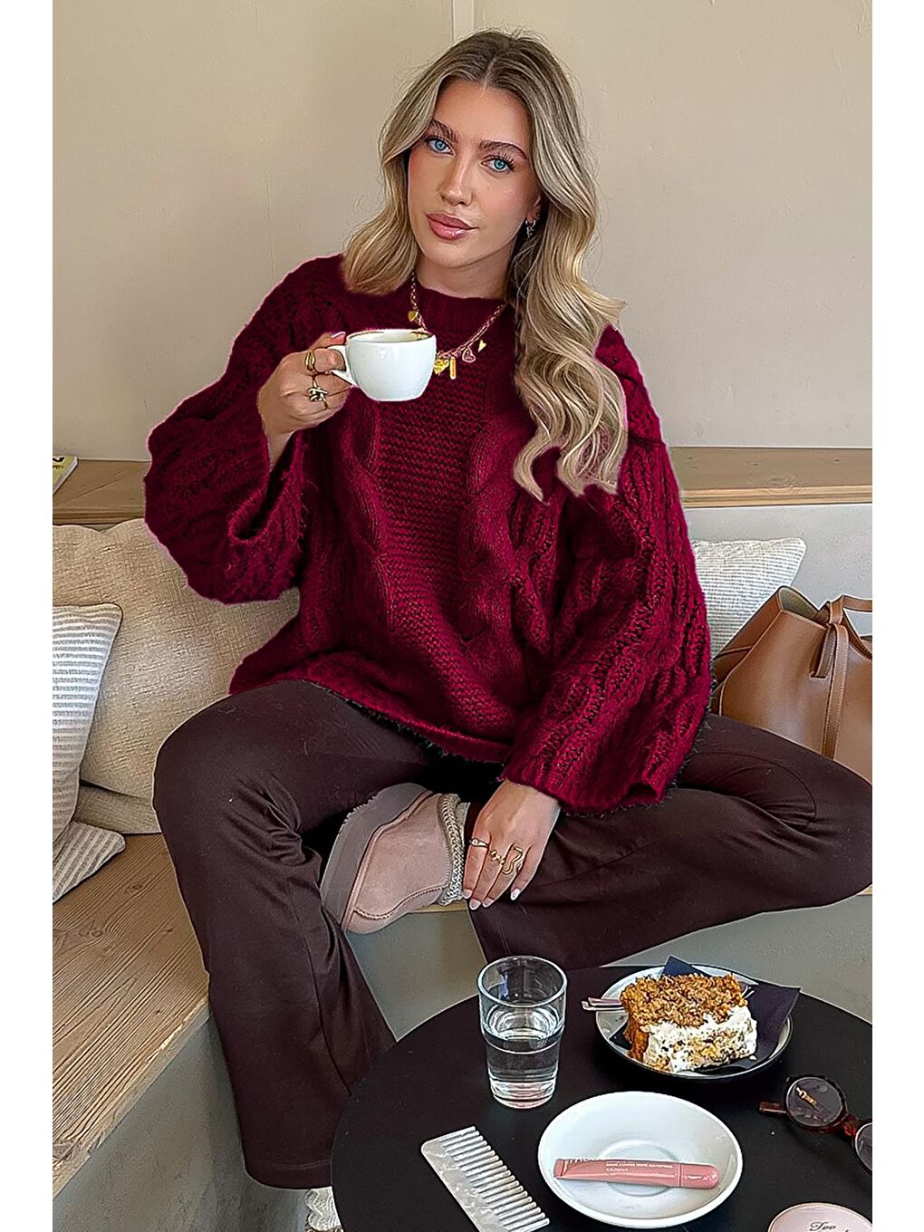 Bordo Bisiklet Yaka Örgü Desen Kadın Triko Kazak Mg2601-3