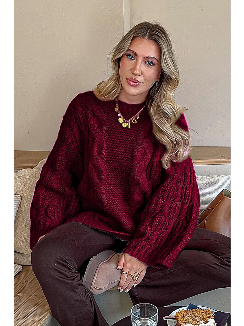 Bordo Bisiklet Yaka Örgü Desen Kadın Triko Kazak Mg2601-4