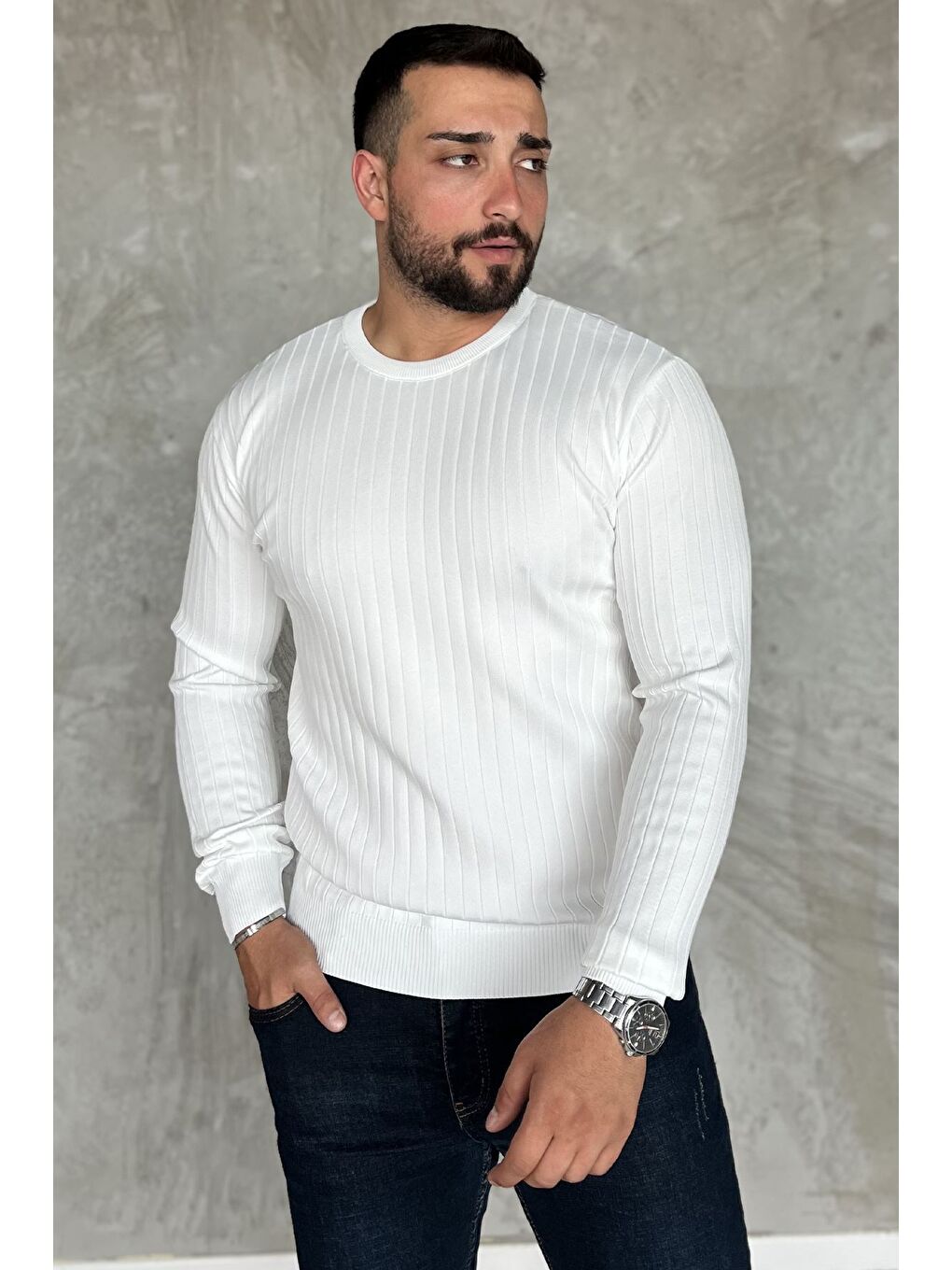 Beyaz Bisiklet Yaka Erkek Triko Kazak