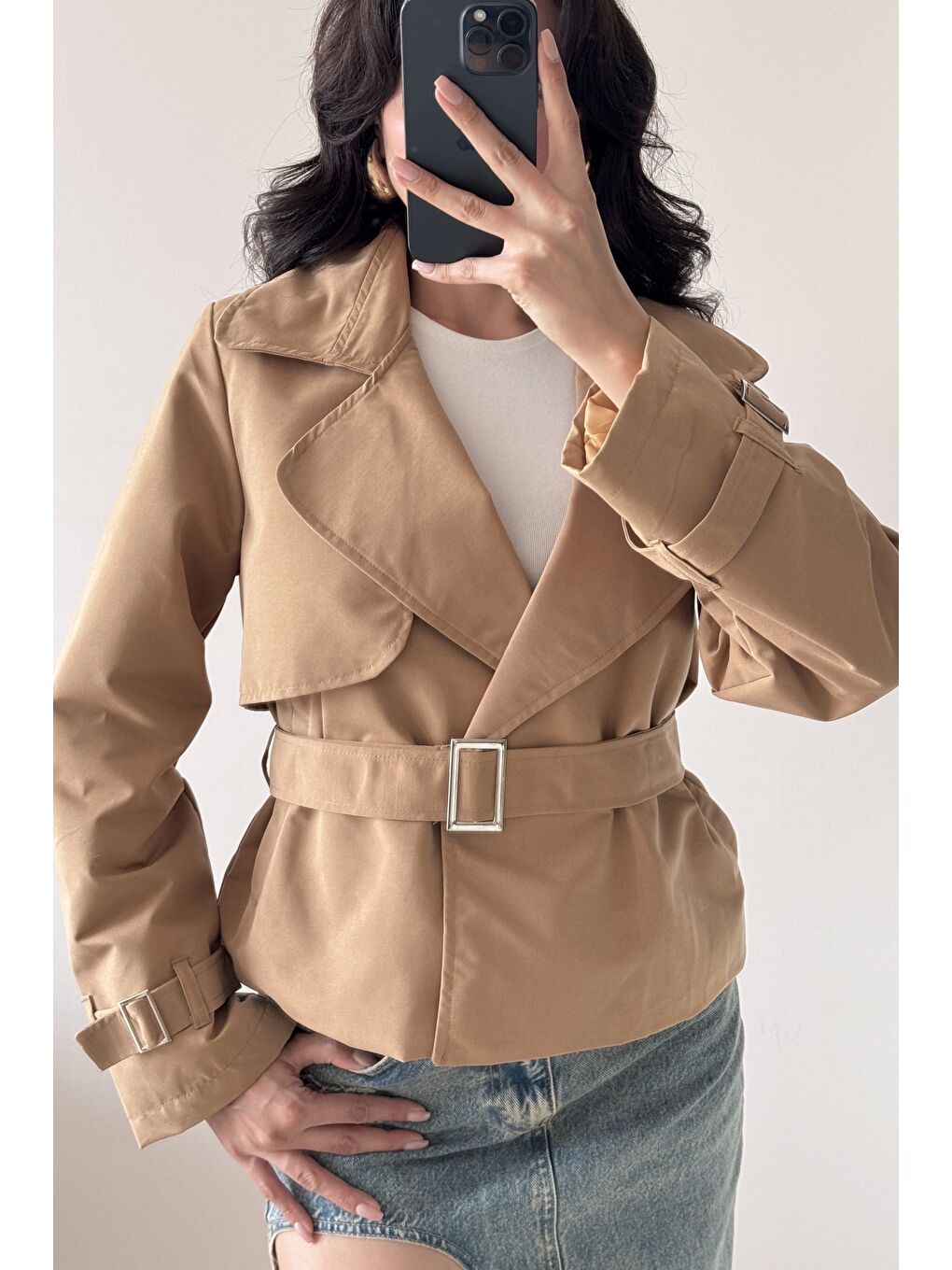 Kahverengi Kadın Camel Kısa Trenç 1041-6061-4