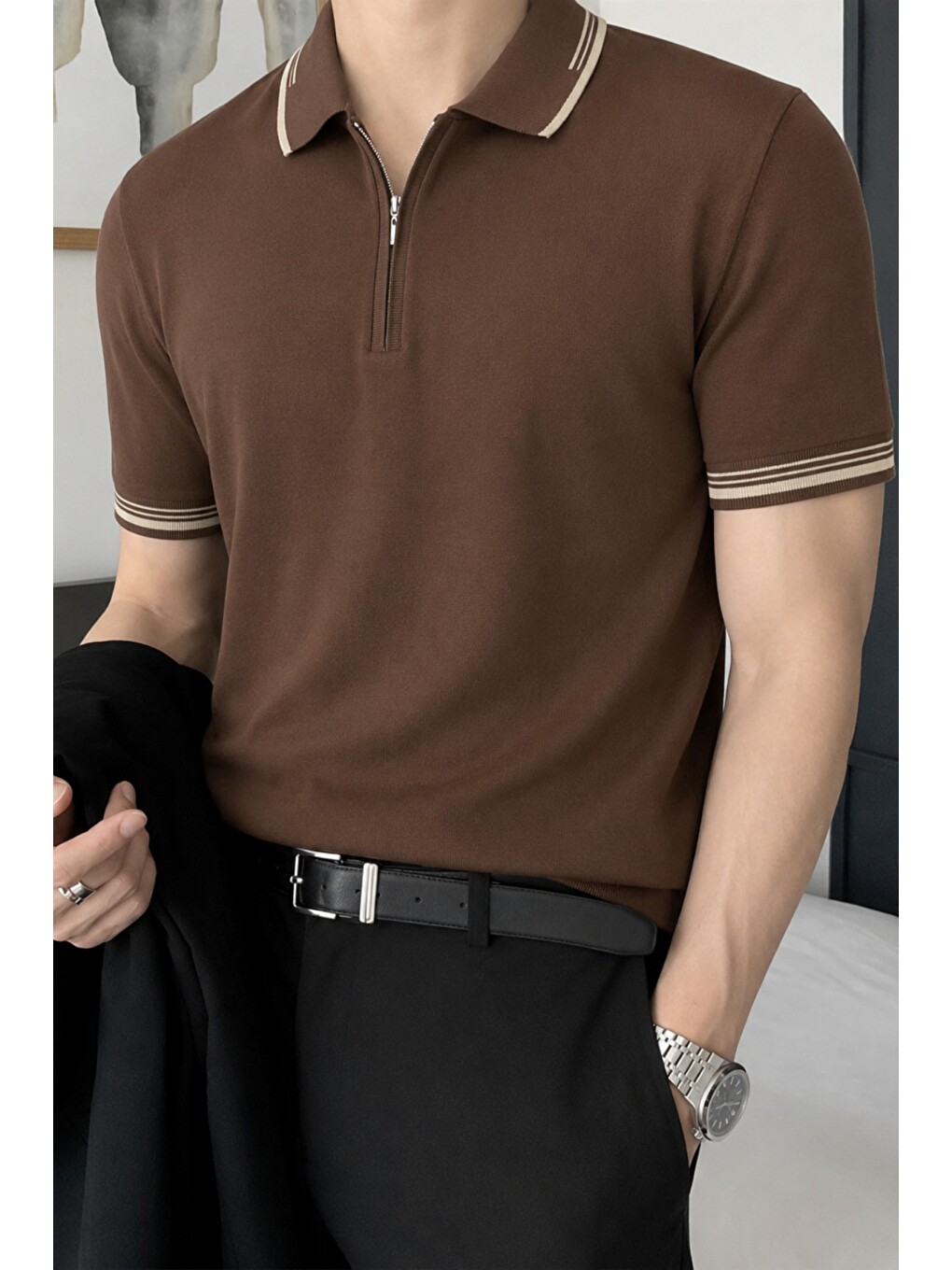 Kahverengi Erkek Fermuar Yaka Triko Polo Tişört – Slim Fit Pamuklu Yazlık Triko