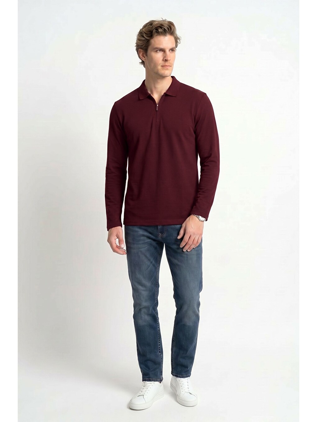 Erkek Standart Fit Normal Kesim Pamuklu Uzun Kollu Fermuarlı Bordo Polo Yaka Tişört-1