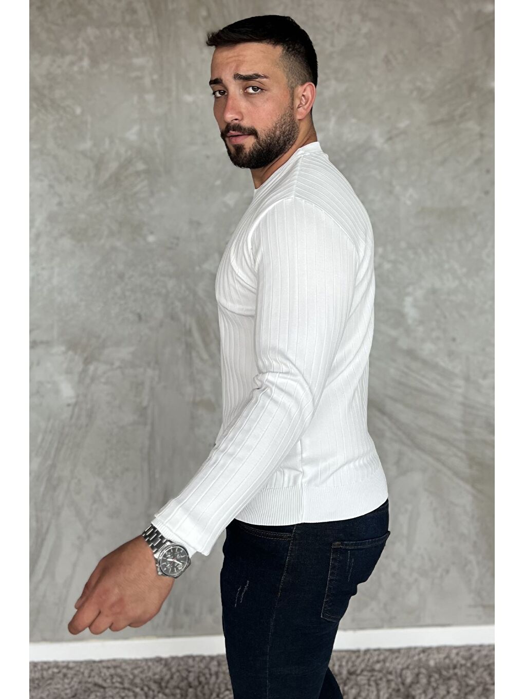 Beyaz Bisiklet Yaka Erkek Triko Kazak-1