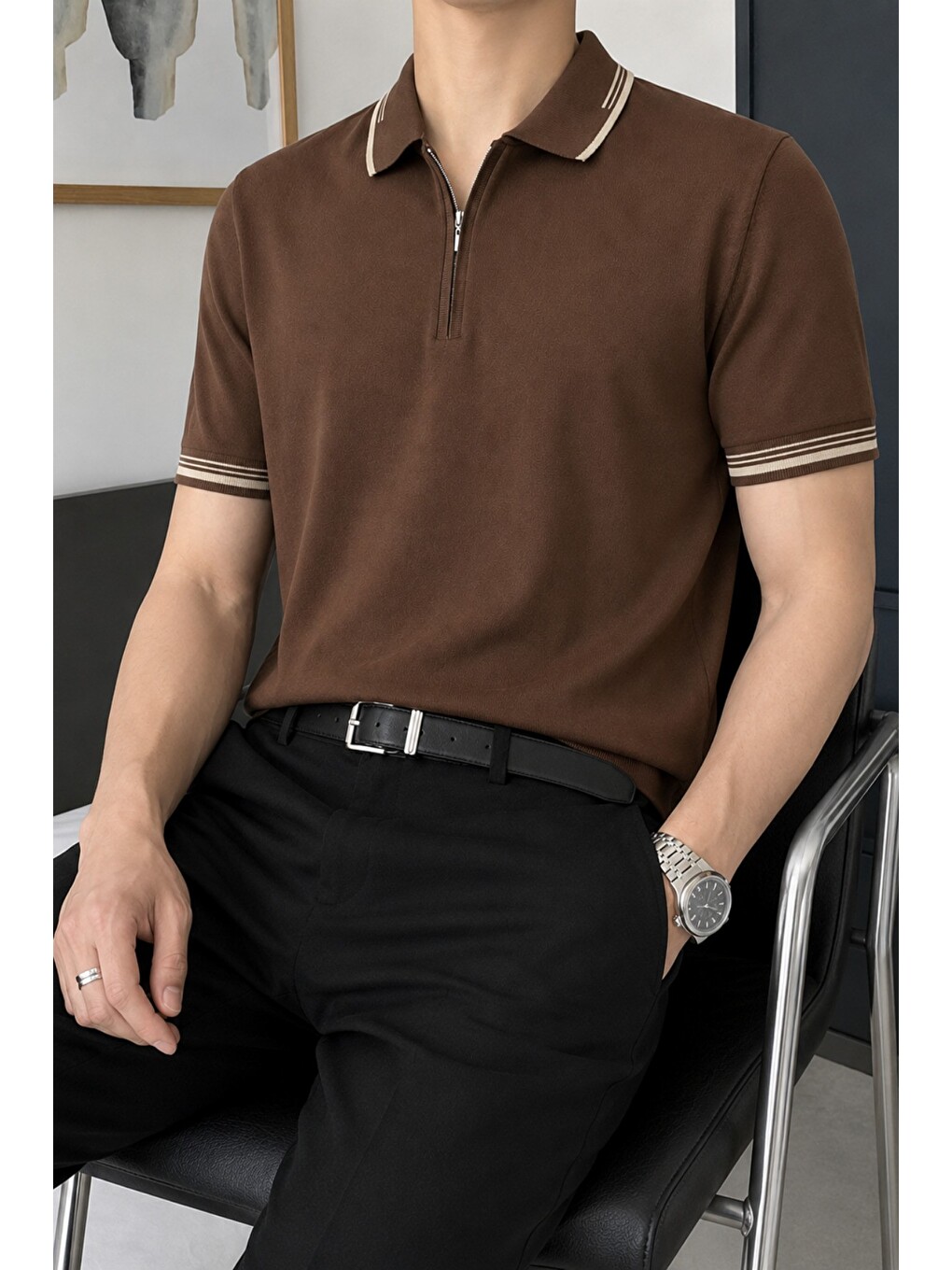 Kahverengi Erkek Fermuar Yaka Triko Polo Tişört – Slim Fit Pamuklu Yazlık Triko-1