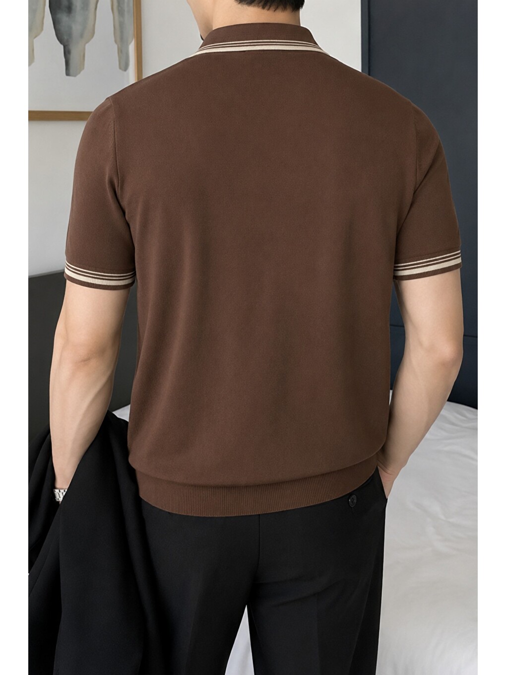 Kahverengi Erkek Fermuar Yaka Triko Polo Tişört – Slim Fit Pamuklu Yazlık Triko-2
