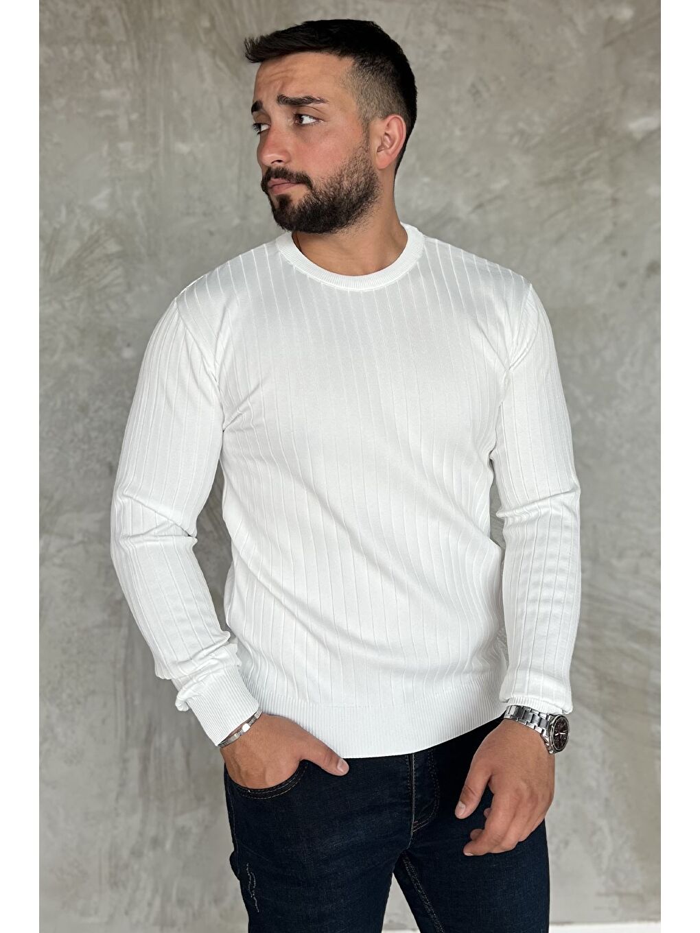 Beyaz Bisiklet Yaka Erkek Triko Kazak-2