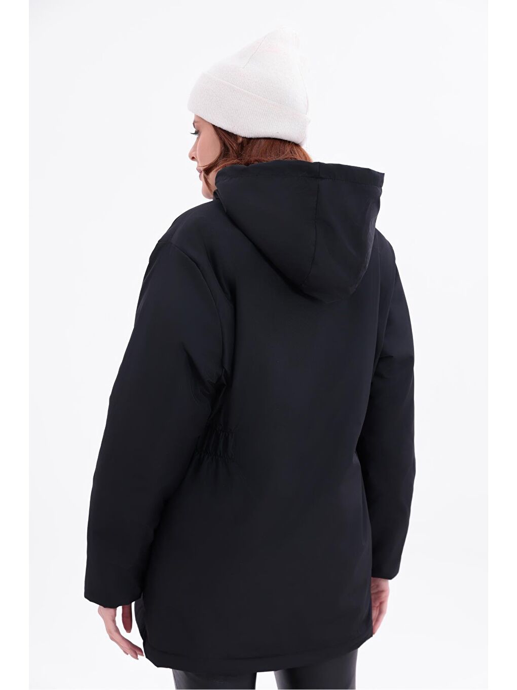 Siyah Kadın Beli Lastikli Cebi Kürklü Su Ve Rüzgar Geçirmez Kapüşonlu Mont-7