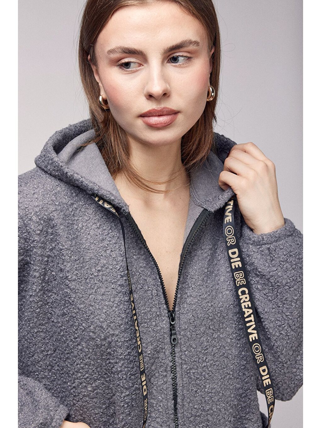 Antrasit Oversize Kapüşonlu Fermuarlı Pelüş Uzun Hırka-3