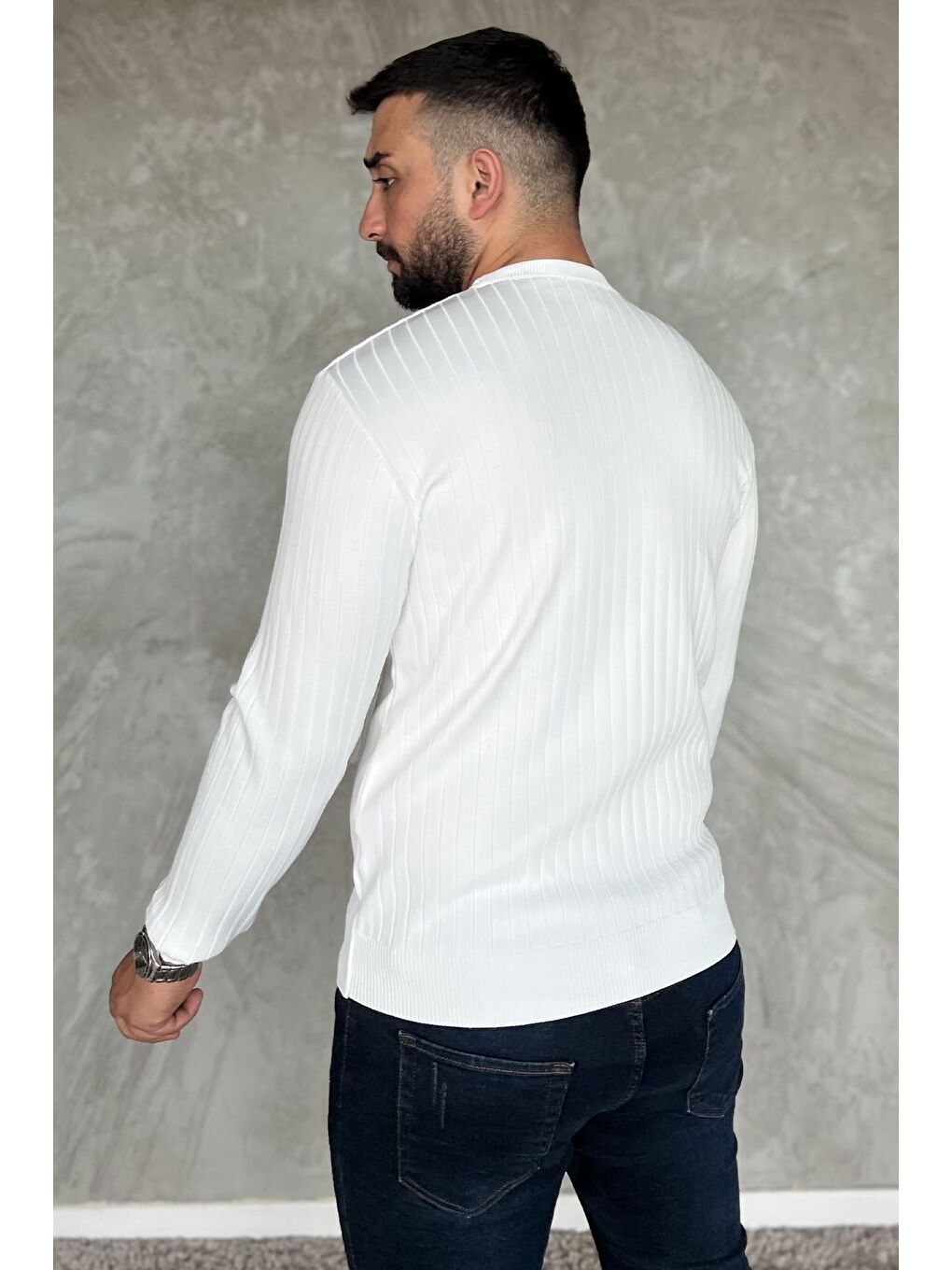 Beyaz Bisiklet Yaka Erkek Triko Kazak-3