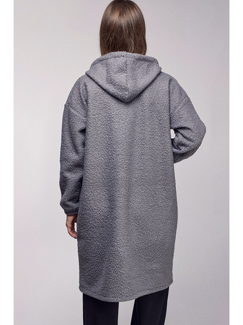 Antrasit Oversize Kapüşonlu Fermuarlı Pelüş Uzun Hırka-4