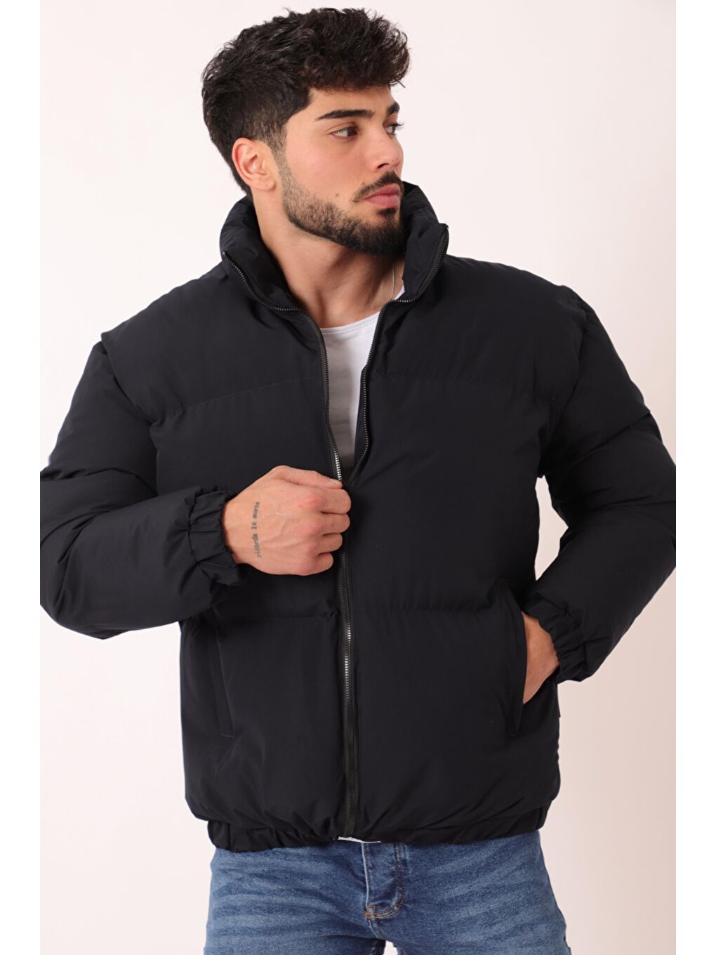 Lacivert Dik Yaka  Bomber Şişme Kışlık Mont PLDP 3018_50465-2