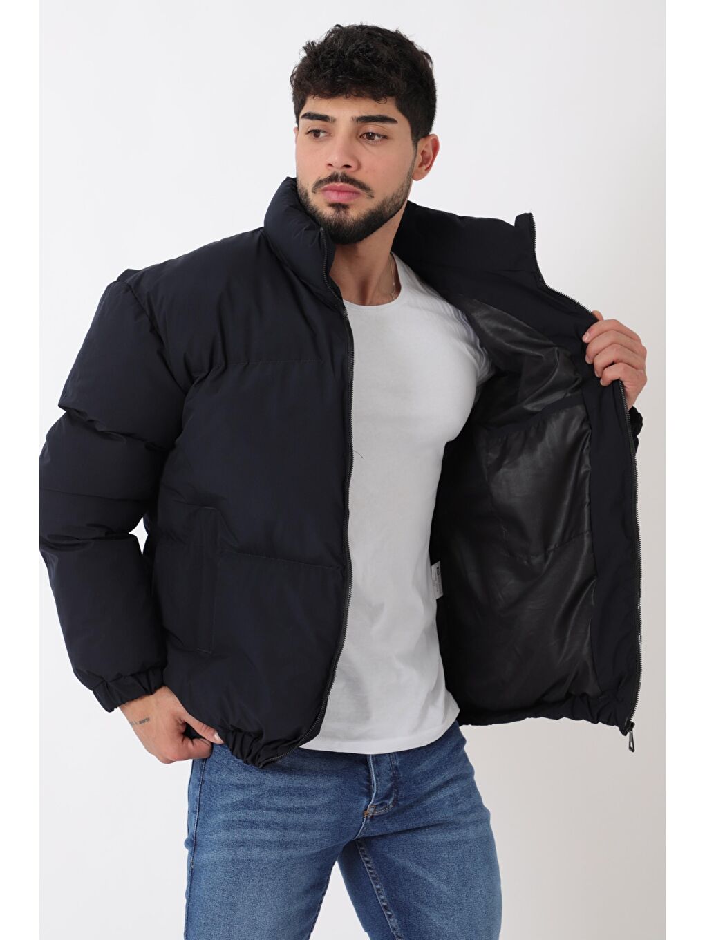 Lacivert Dik Yaka  Bomber Şişme Kışlık Mont PLDP 3018_50465-3