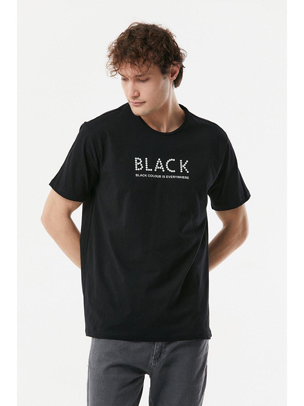 Siyah Baskılı Bisiklet Yaka Tişört