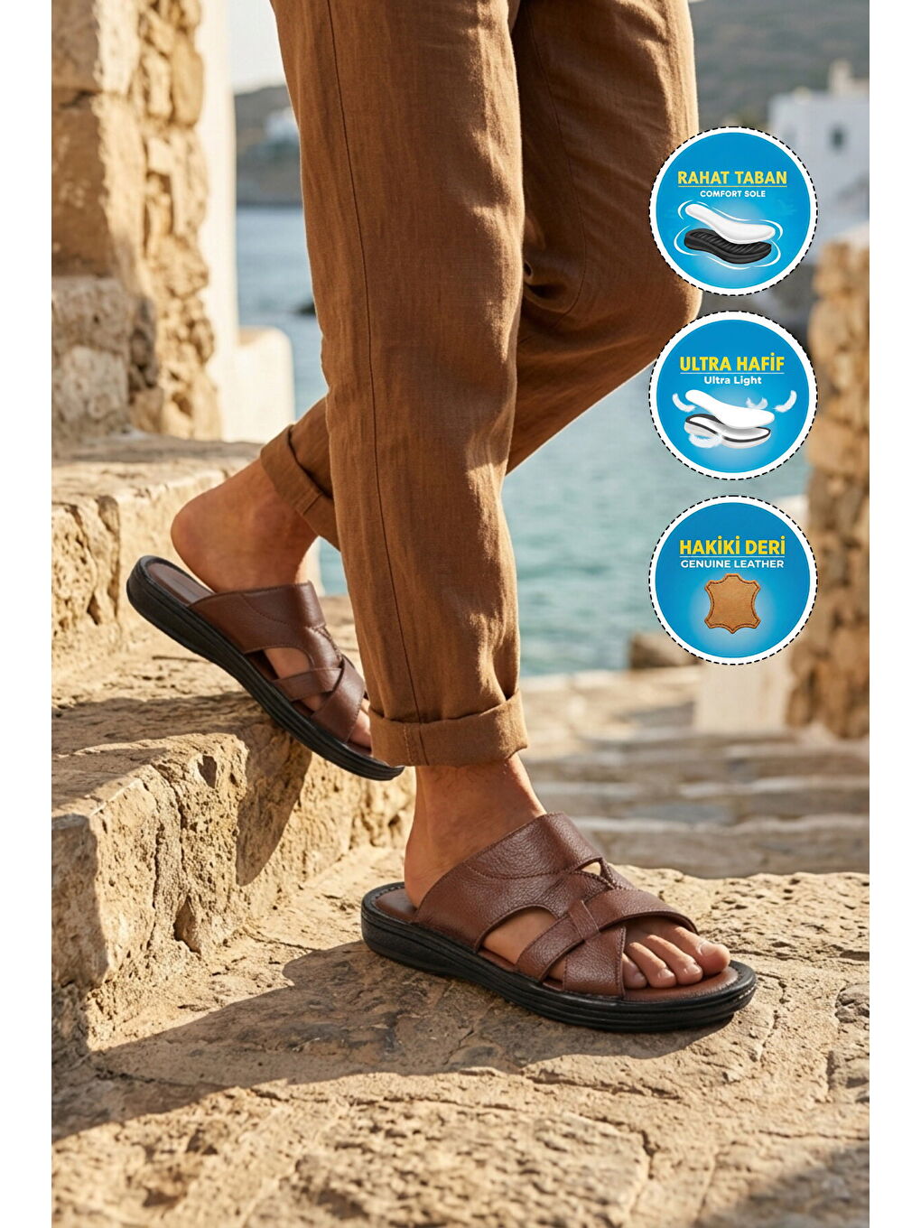 Kahverengi Taba Hakiki Deri Yumuşak Taban Erkek Terlik 8521 M-2