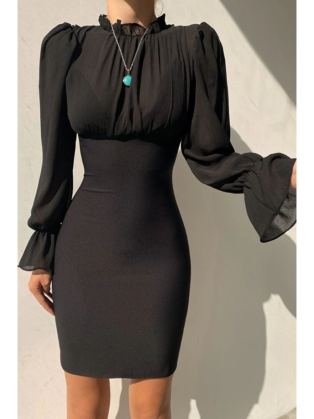 Kadın Siyah Kol Ucu Lastikli Tül Detay Elbise 0291-10642-7