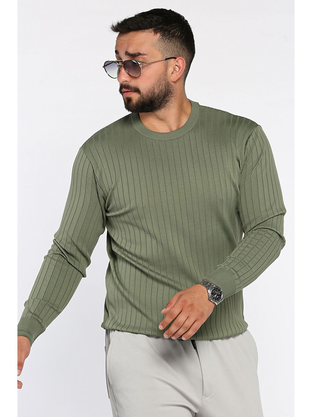 Haki Bisiklet Yaka Erkek Triko Kazak-1