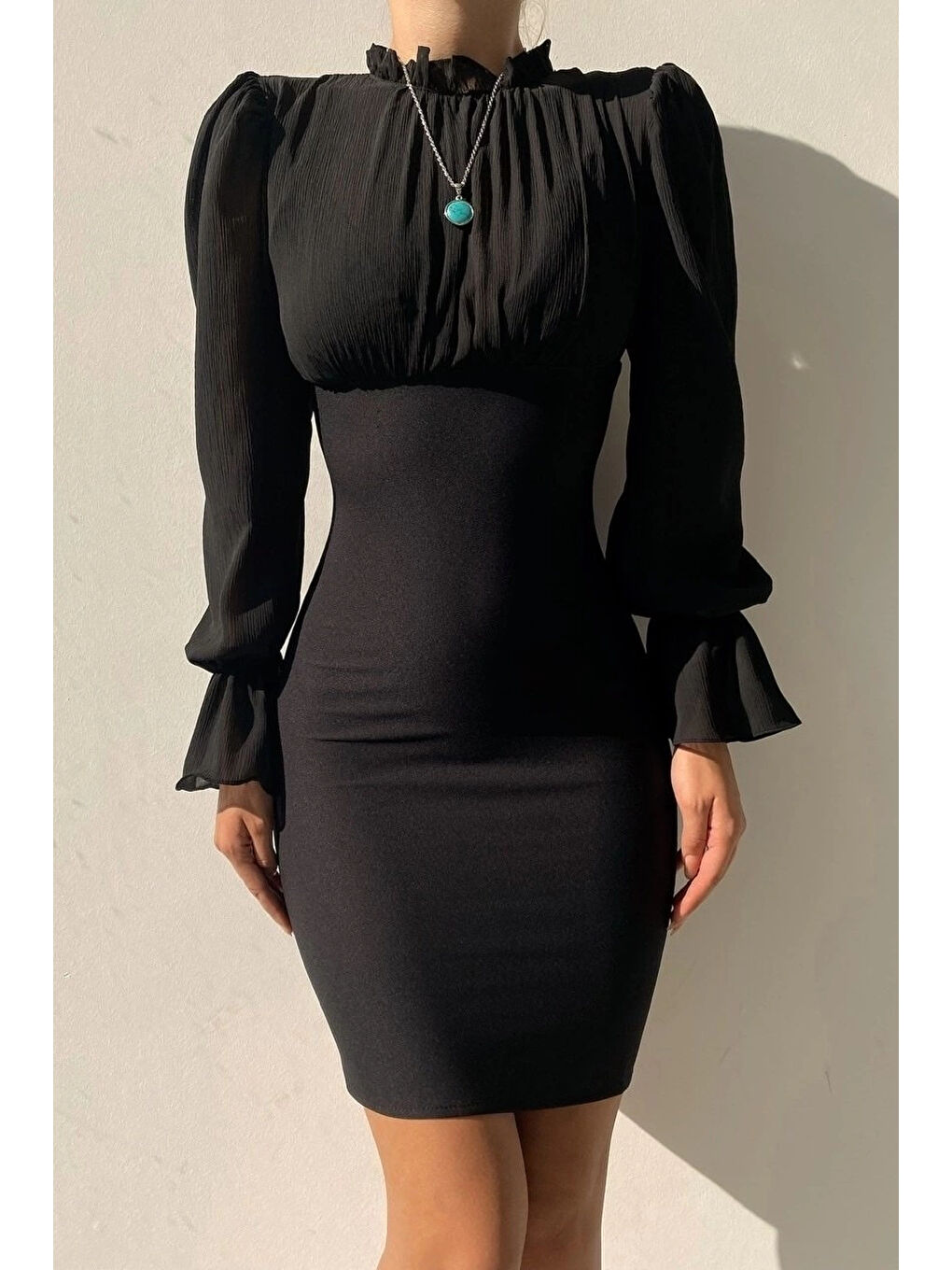 Kadın Siyah Kol Ucu Lastikli Tül Detay Elbise 0291-10642-8