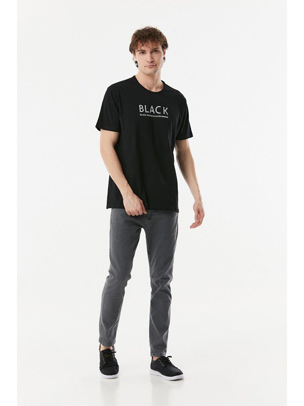 Siyah Baskılı Bisiklet Yaka Tişört-1