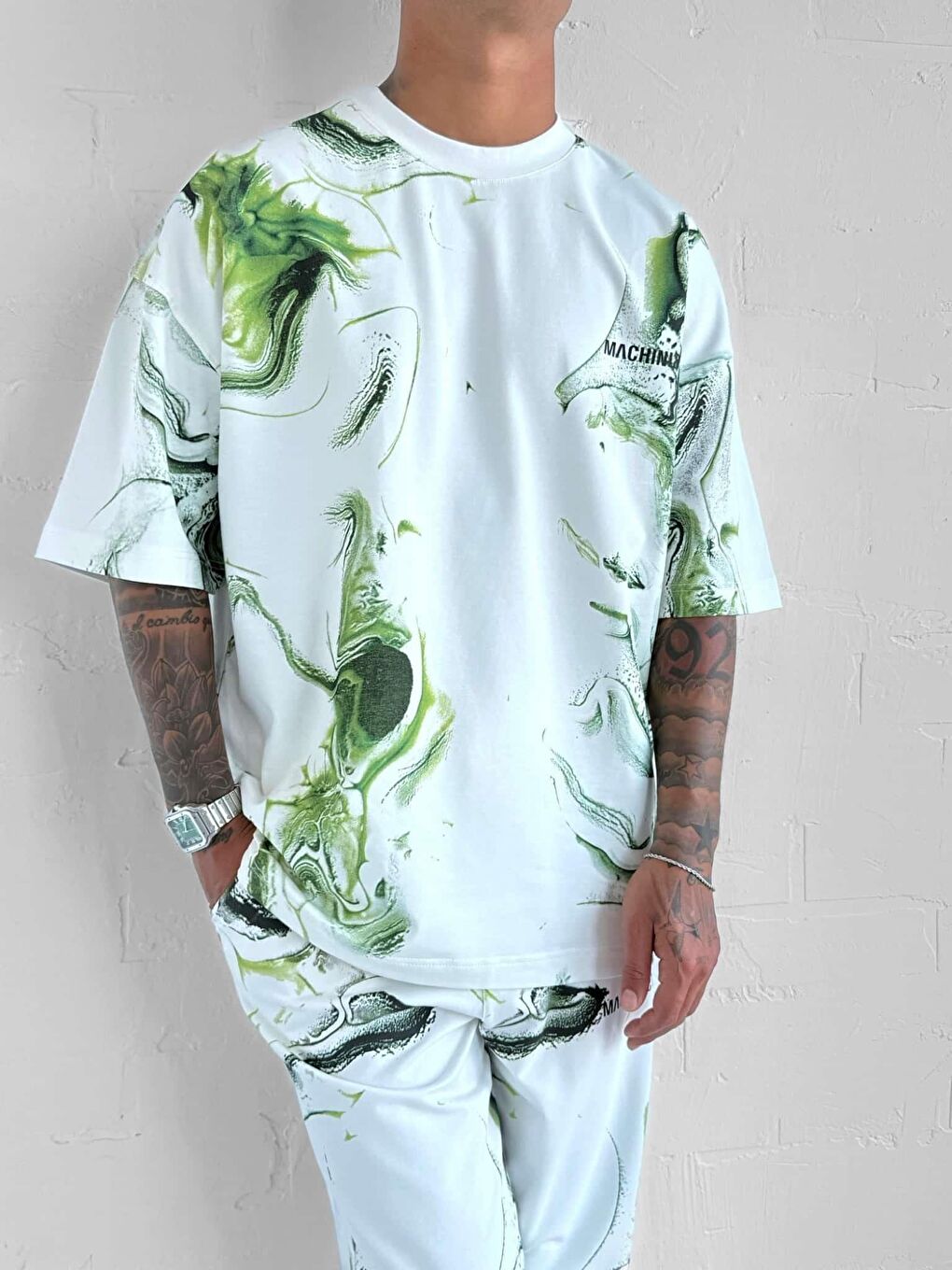 Erkek Oversize Desen Baskılı Premium T-Shirt Beyaz-2