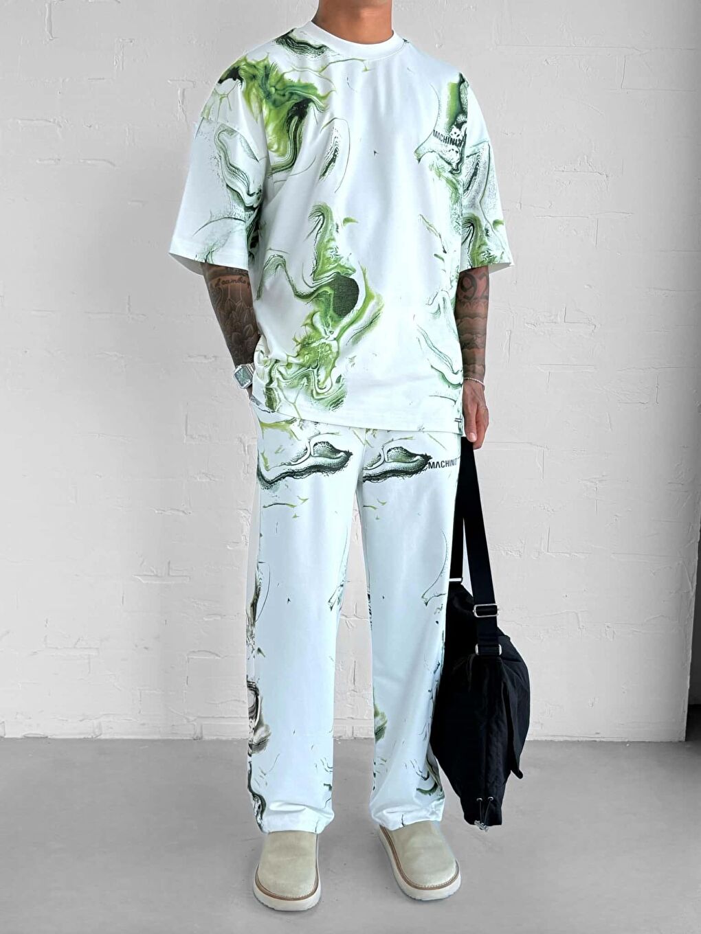 Erkek Oversize Desen Baskılı Premium T-Shirt Beyaz-3