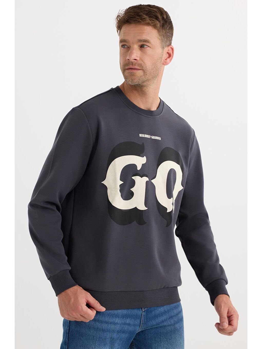 Erkek Relax Fit Rahat Kesim Pamuklu Lastikli Kol Bisiklet Yaka Baskılı Antrasit Sweatshirt