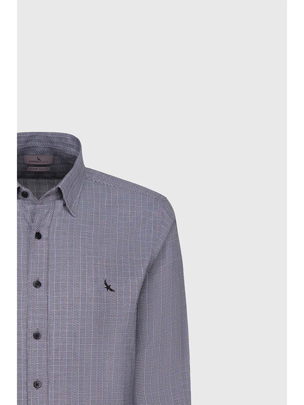 Erkek Gri-Beyaz %100 Pamuk Oxford Slim Fit Dar Kesim Gizli Düğmeli Yaka Kareli Gömlek-6