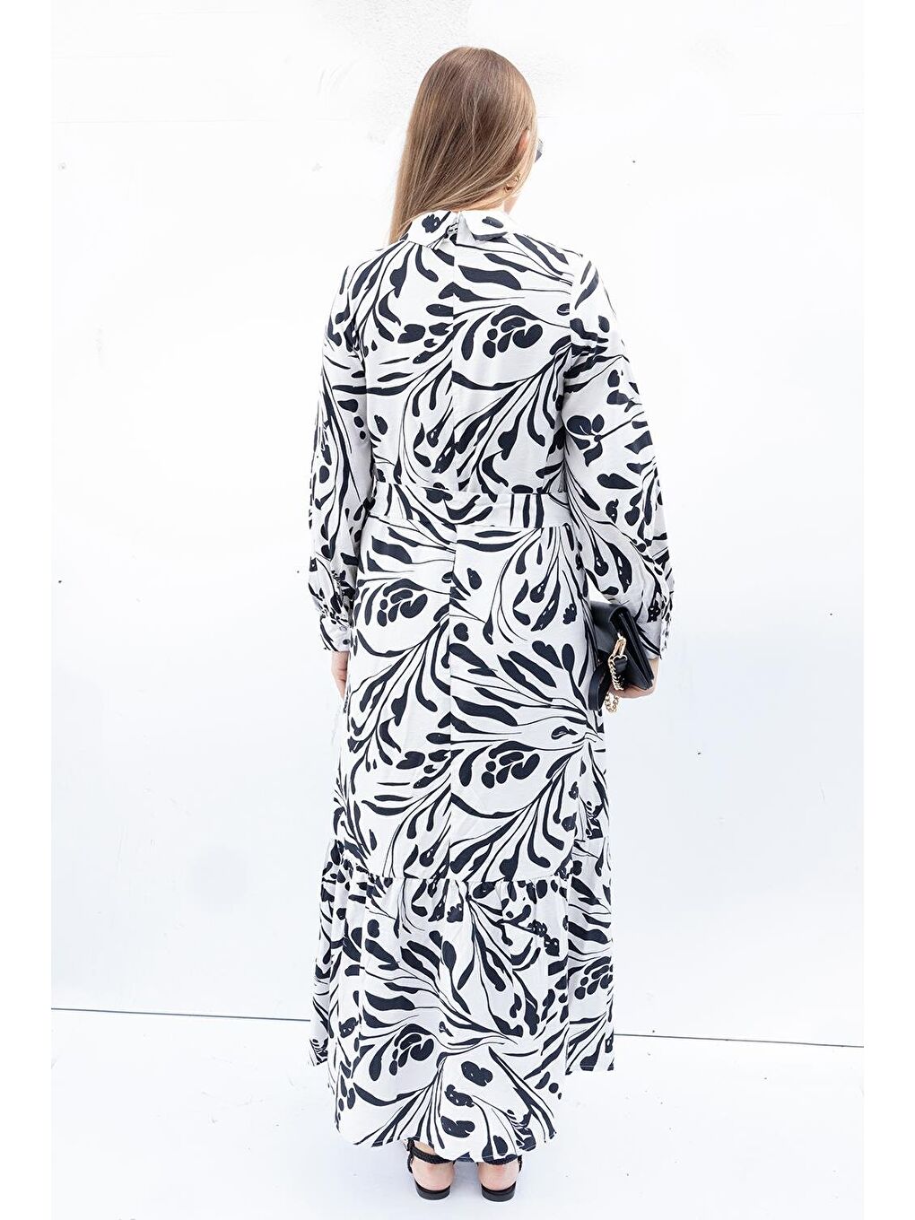 Bej Taş-Siyah-Desenli Etek Fırfırlı Elbise-2