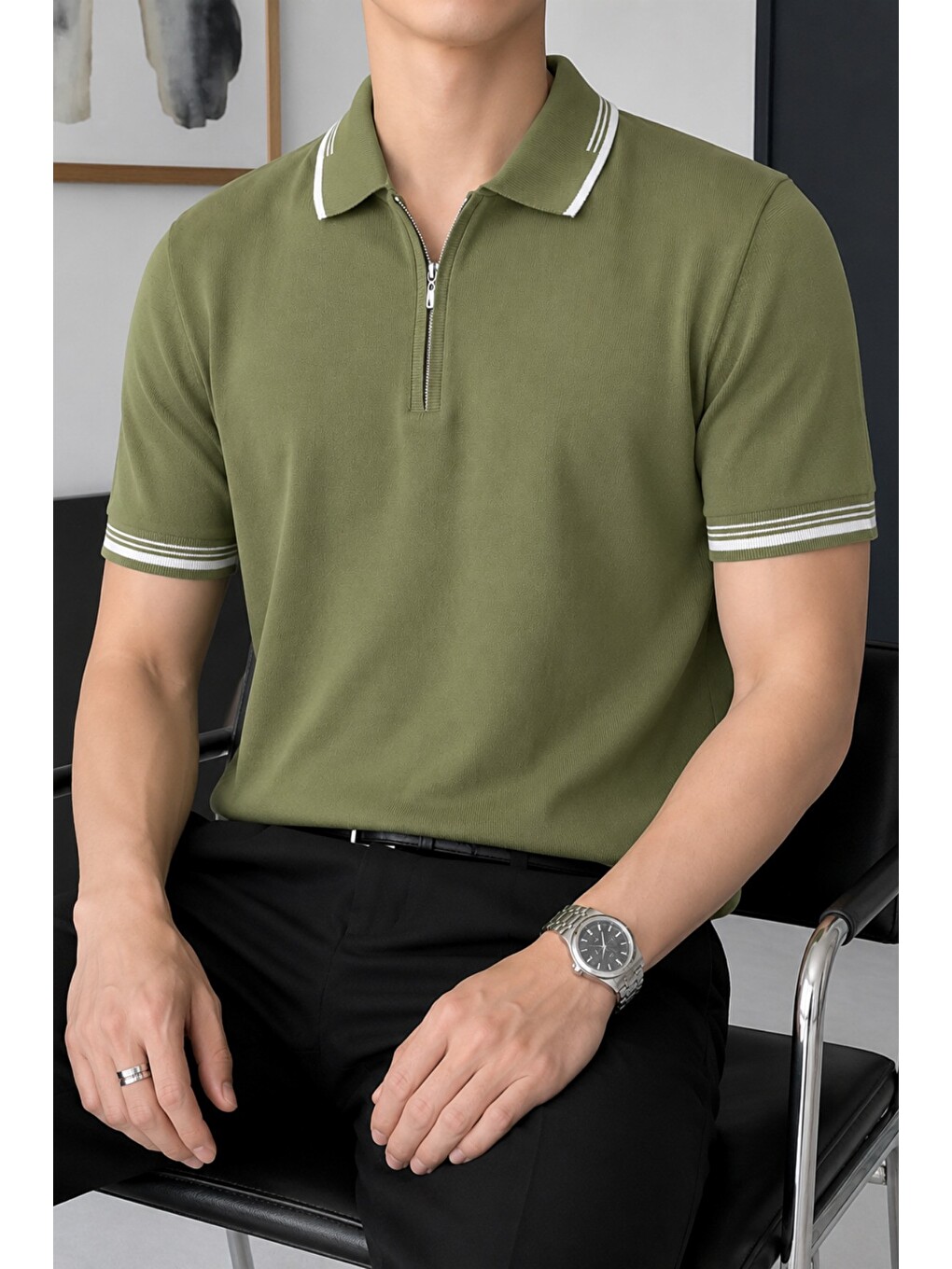 Yeşil Erkek Fermuar Yaka Triko Polo Tişört – Slim Fit Pamuklu Yazlık Triko-1