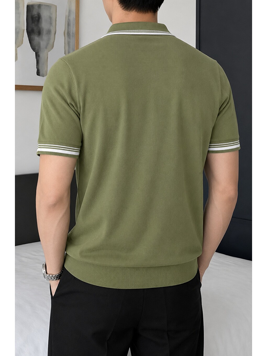 Yeşil Erkek Fermuar Yaka Triko Polo Tişört – Slim Fit Pamuklu Yazlık Triko-2