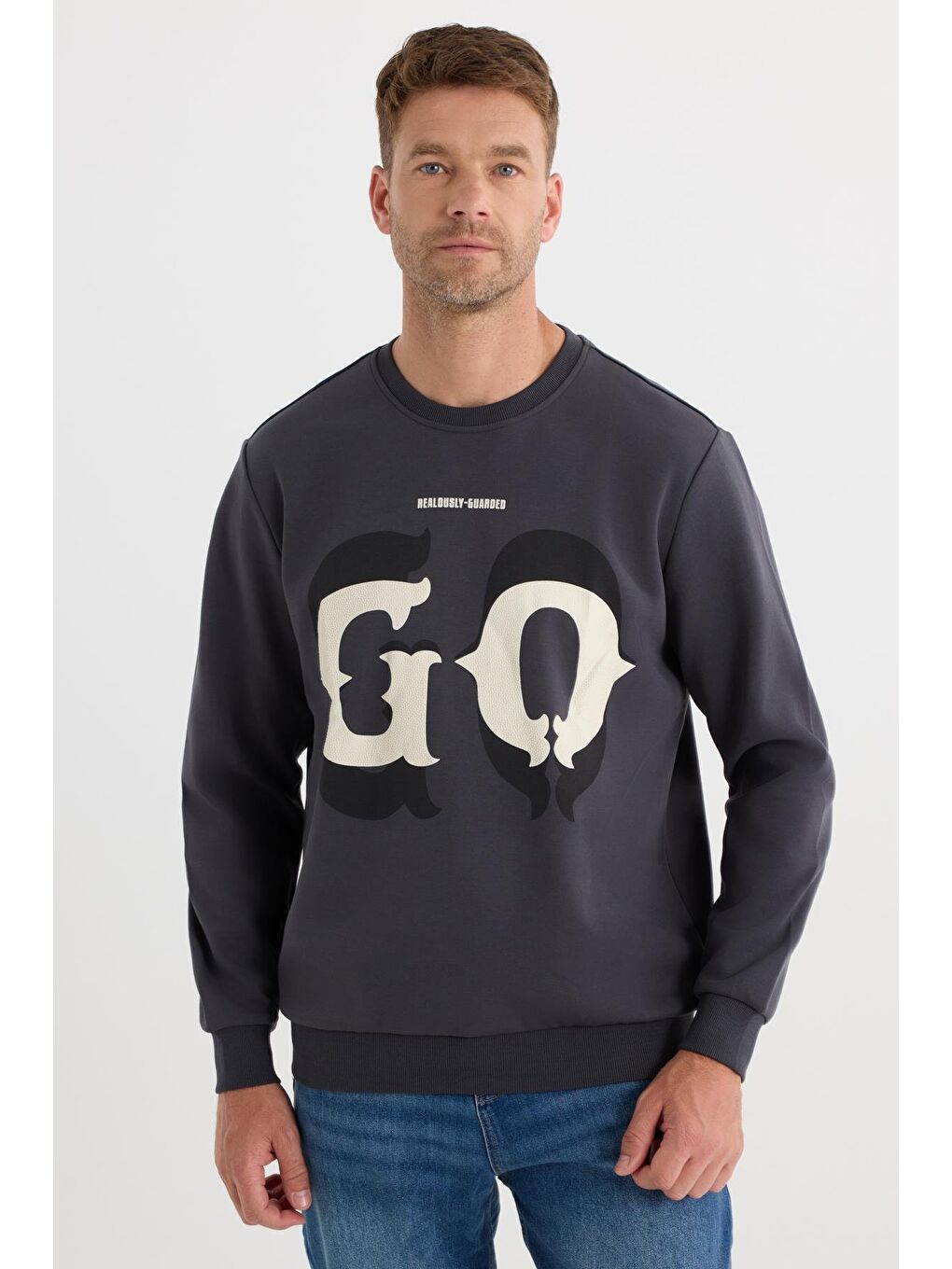 Erkek Relax Fit Rahat Kesim Pamuklu Lastikli Kol Bisiklet Yaka Baskılı Antrasit Sweatshirt-1