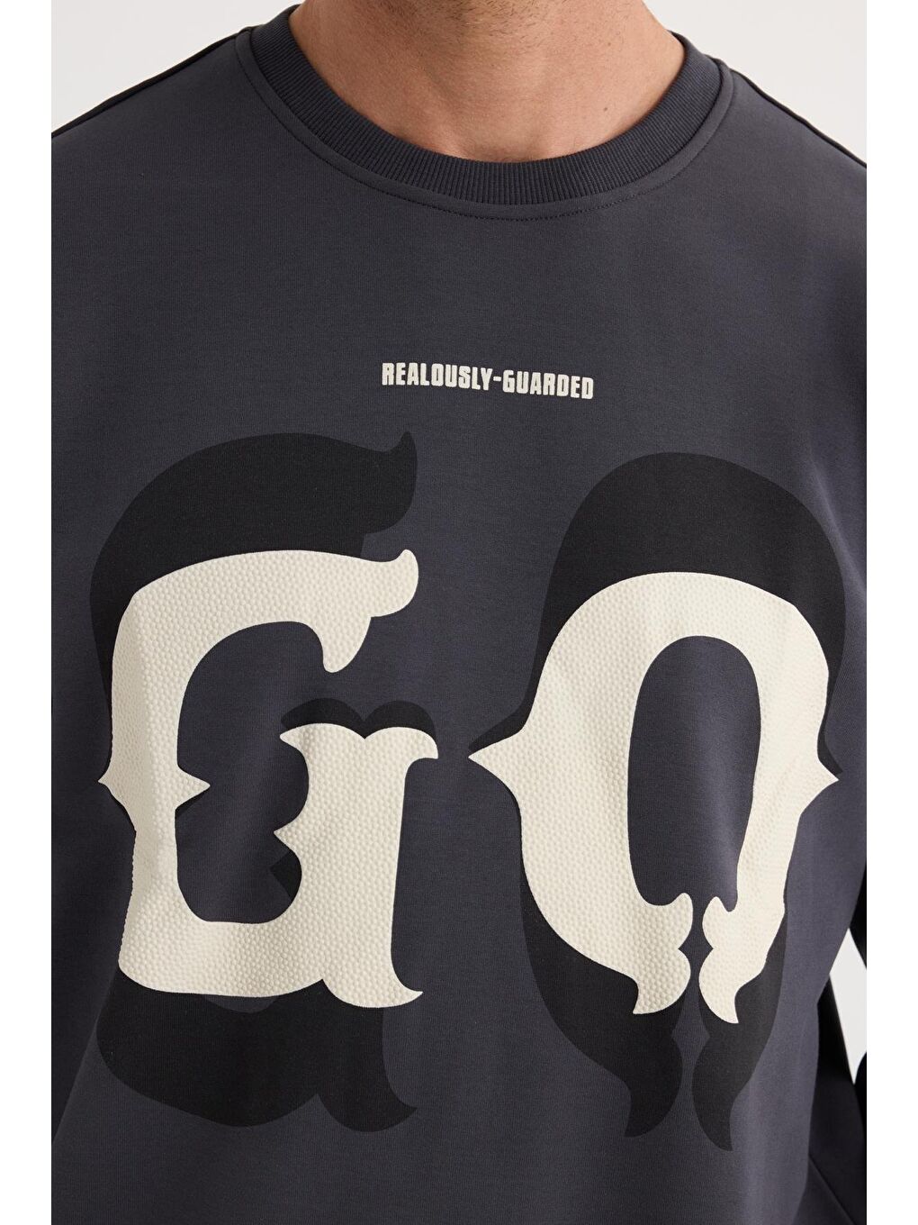 Erkek Relax Fit Rahat Kesim Pamuklu Lastikli Kol Bisiklet Yaka Baskılı Antrasit Sweatshirt-2