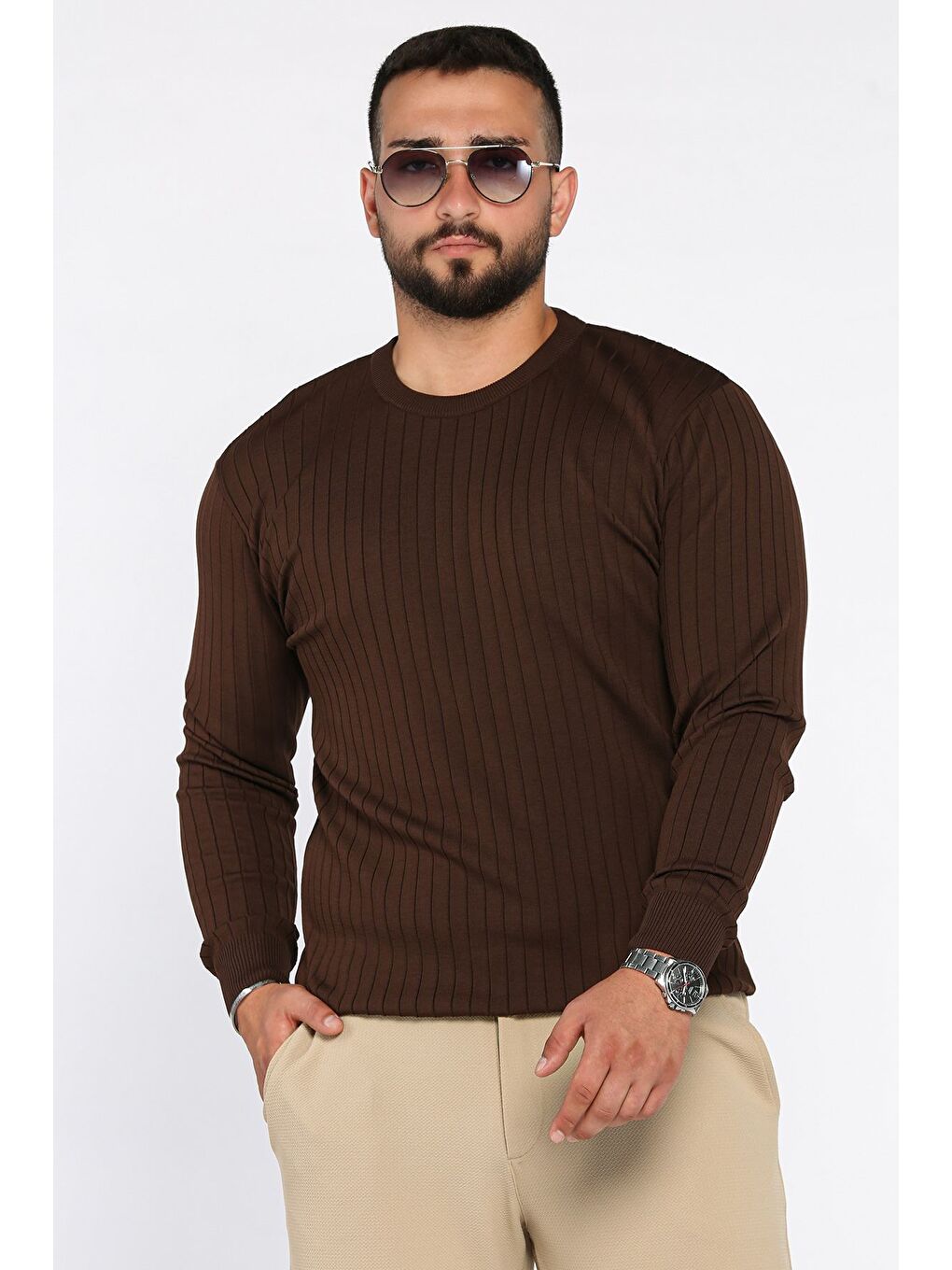 Kahverengi Bisiklet Yaka Erkek Triko Kazak