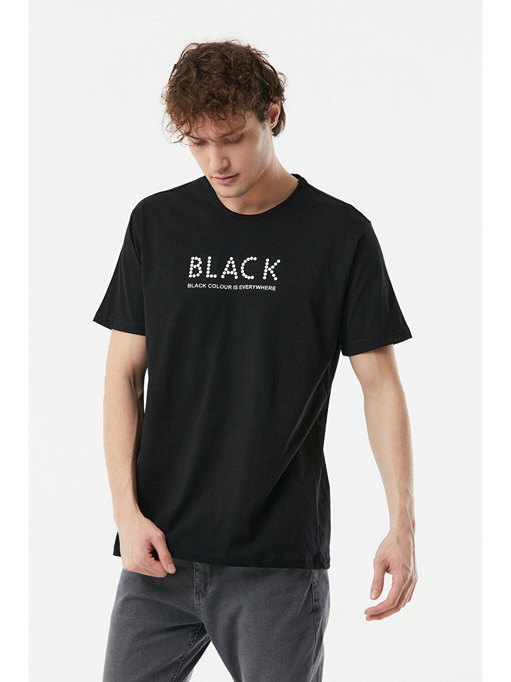 Siyah Baskılı Bisiklet Yaka Tişört-2