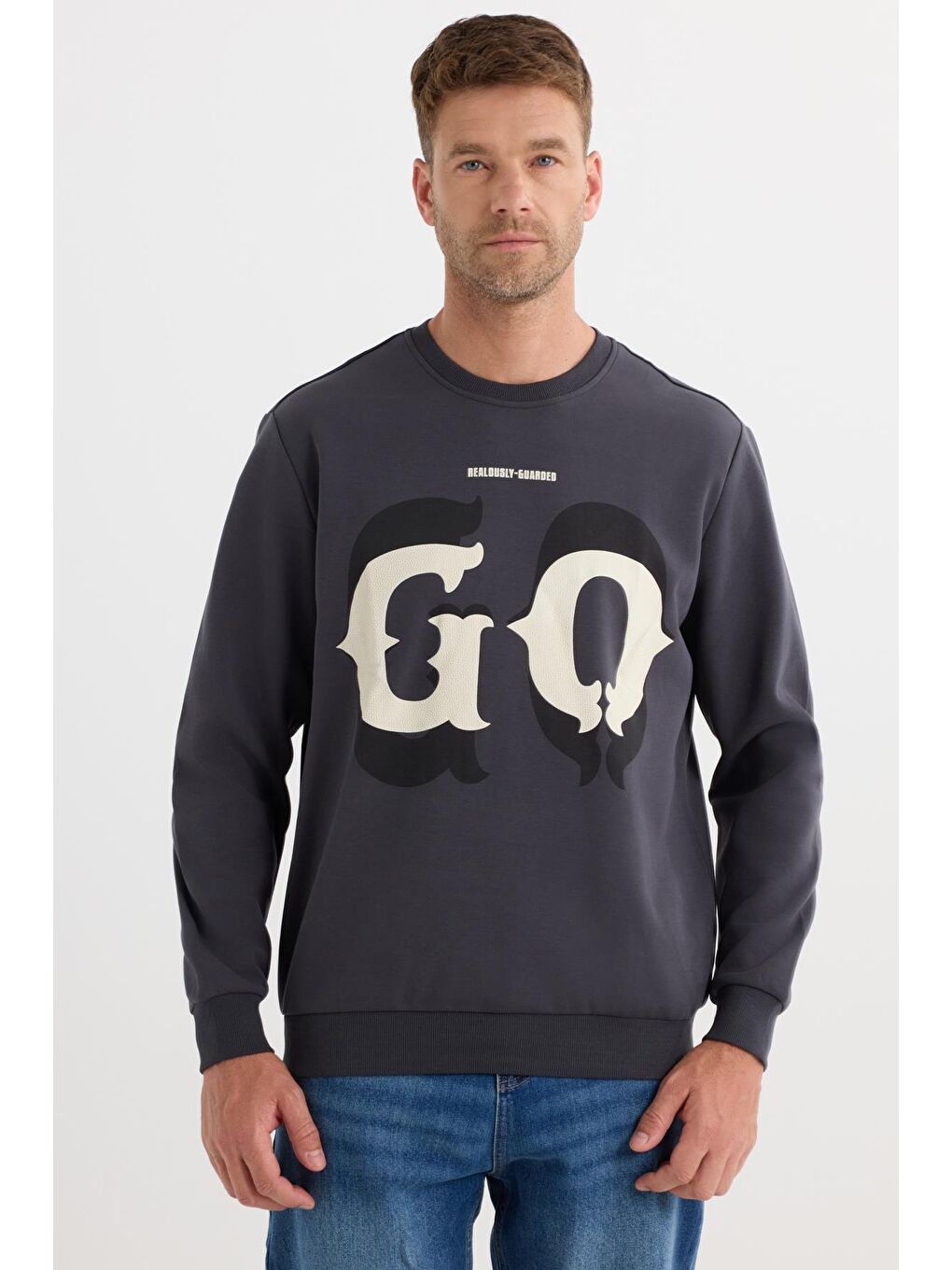 Erkek Relax Fit Rahat Kesim Pamuklu Lastikli Kol Bisiklet Yaka Baskılı Antrasit Sweatshirt-3