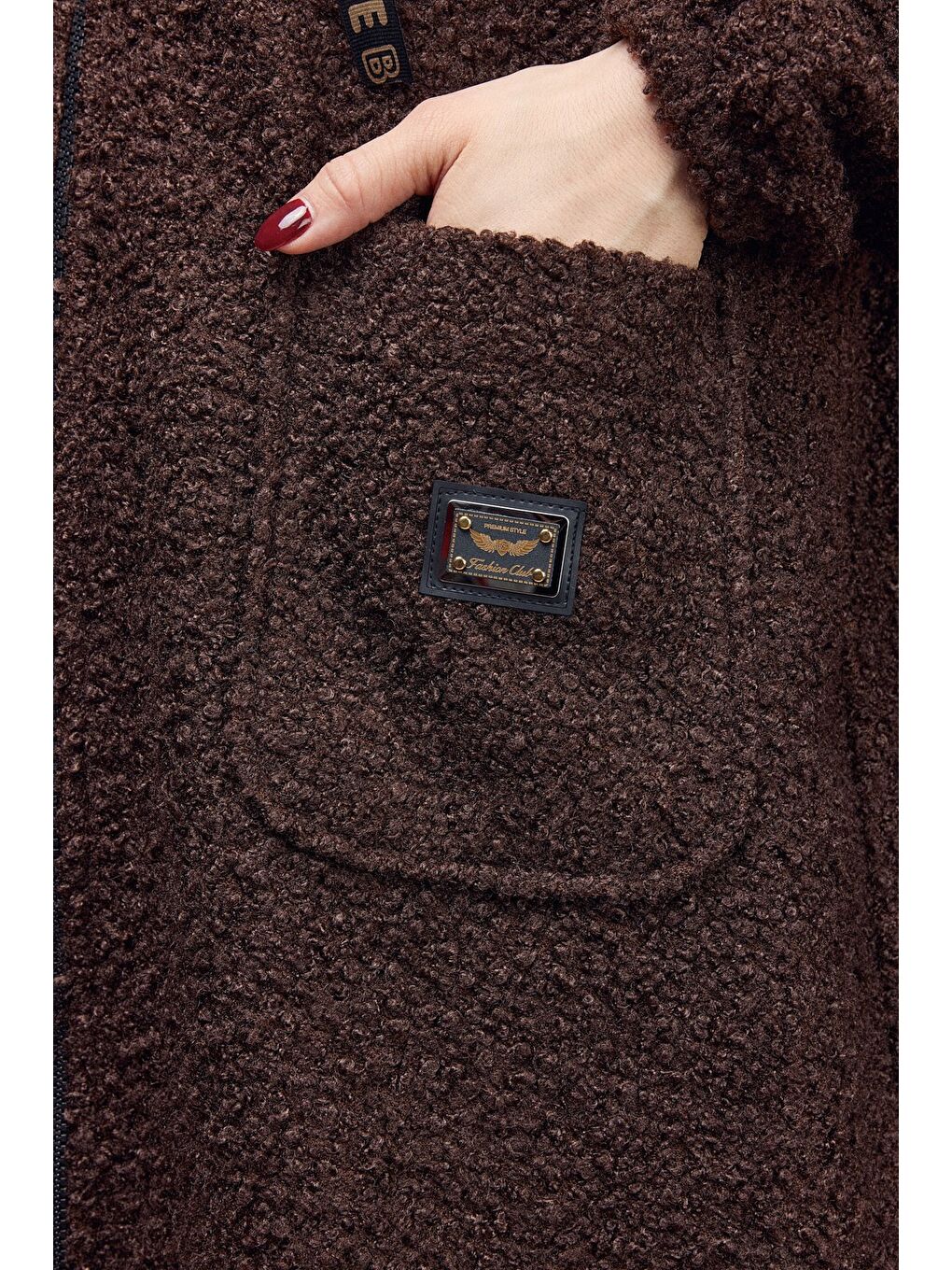 Kahverengi Oversize Kapüşonlu Fermuarlı Pelüş Uzun Hırka-3