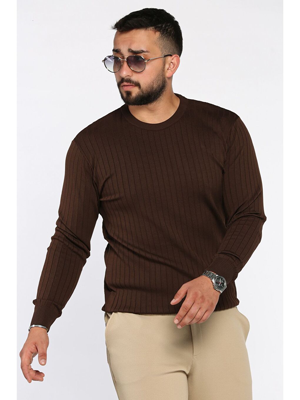 Kahverengi Bisiklet Yaka Erkek Triko Kazak-1