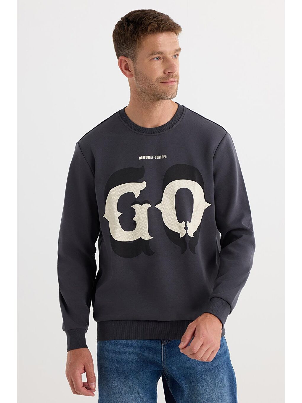 Erkek Relax Fit Rahat Kesim Pamuklu Lastikli Kol Bisiklet Yaka Baskılı Antrasit Sweatshirt-4