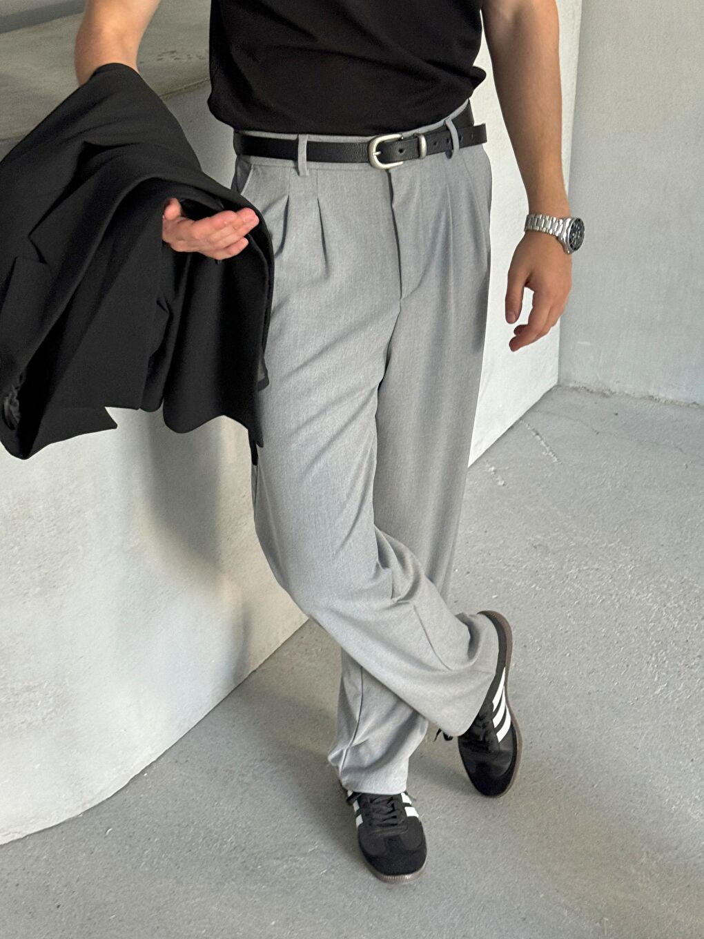 Gri Erkek Pileli Baggy Kalıp Kumaş Pantolon