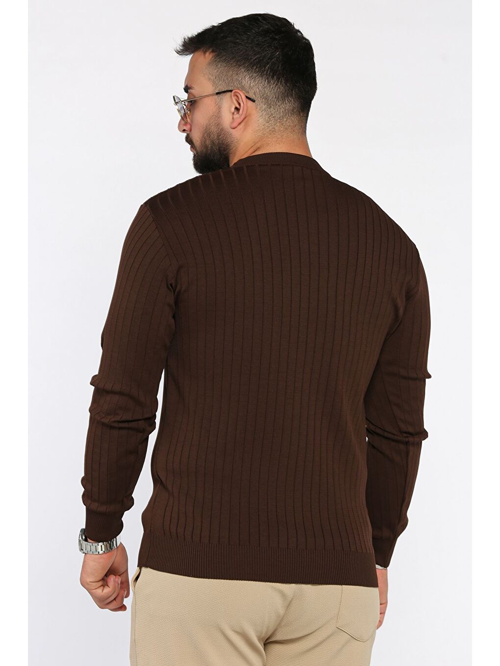 Kahverengi Bisiklet Yaka Erkek Triko Kazak-2