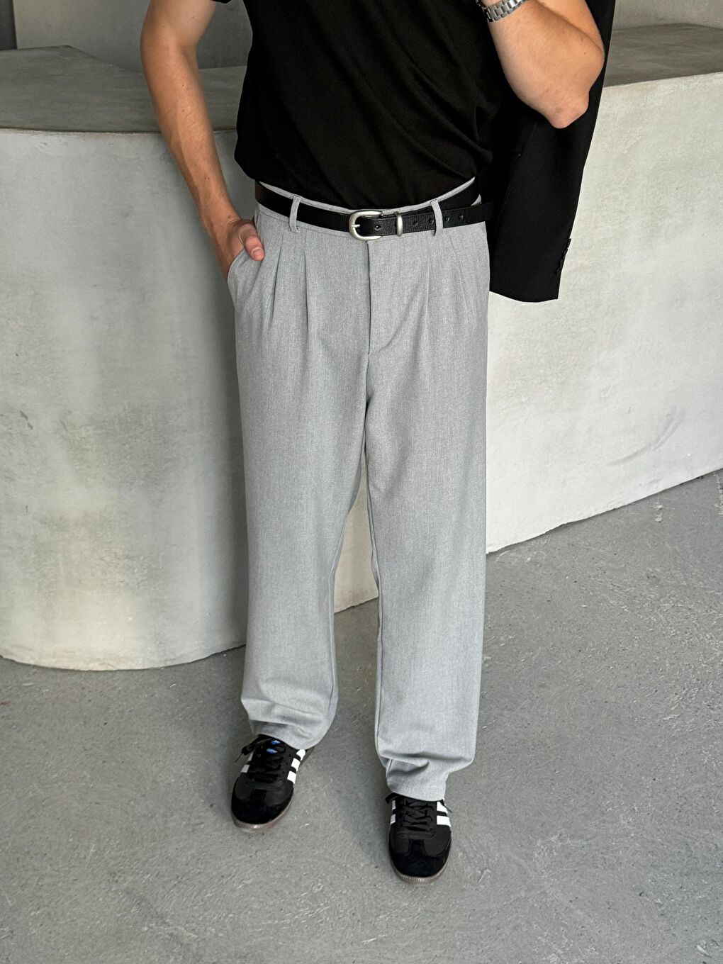 Gri Erkek Pileli Baggy Kalıp Kumaş Pantolon-2