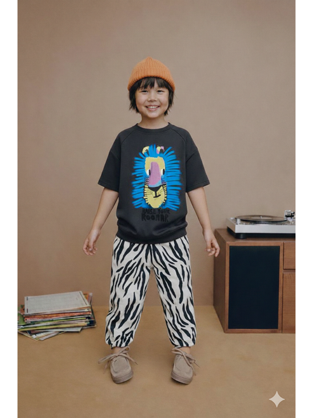 Siyah Erkek Çocuk Hayvan Baskılı Pamuklu Jogger Pantolonlu Altüst Takım