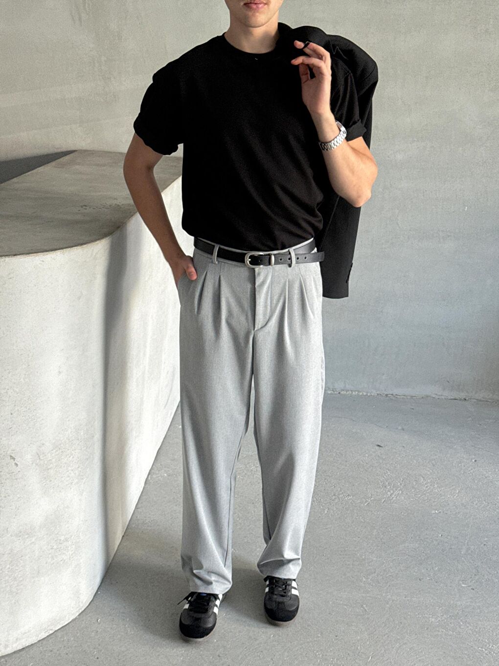 Gri Erkek Pileli Baggy Kalıp Kumaş Pantolon-3