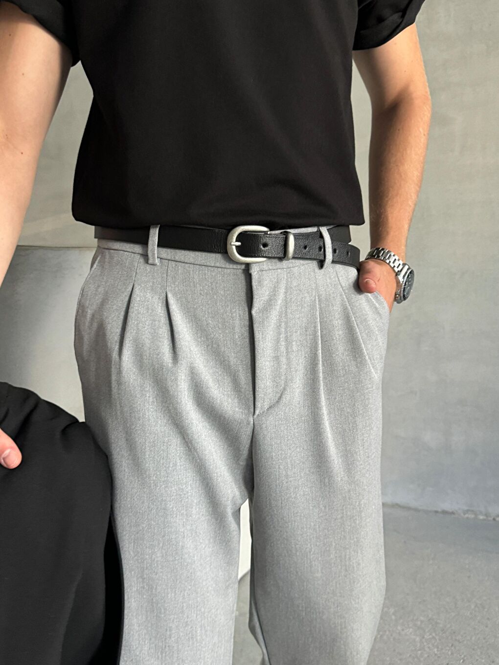 Gri Erkek Pileli Baggy Kalıp Kumaş Pantolon-4