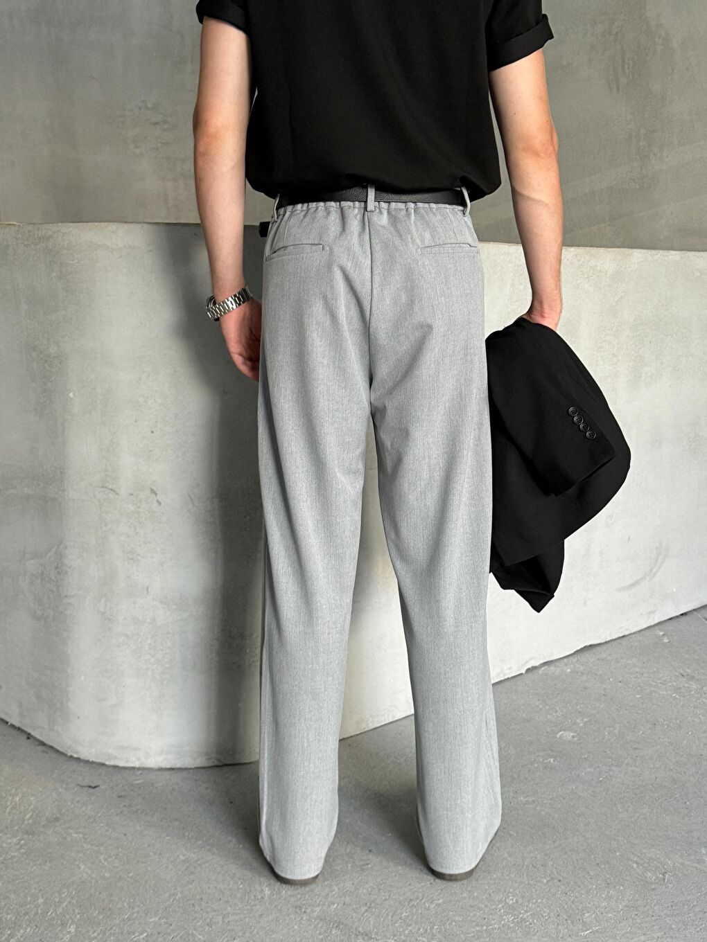 Gri Erkek Pileli Baggy Kalıp Kumaş Pantolon-5