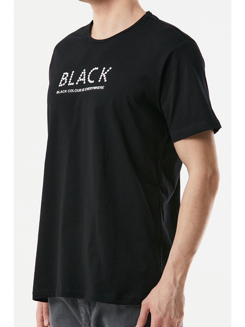 Siyah Baskılı Bisiklet Yaka Tişört-3