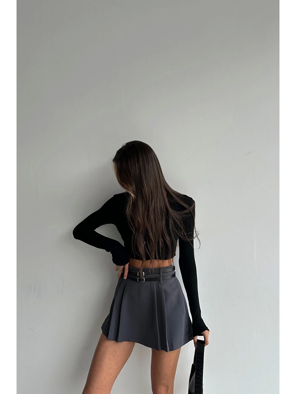 Gri Kadın Antrasit Çift Kemerli Etek 0999-9079-1