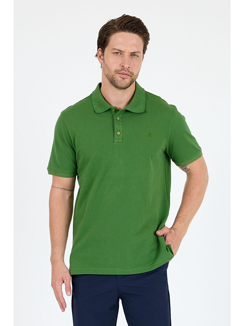 Yeşil Polo Yaka Kısa Kollu Pike Erkek %100 Pamuk Tişört-1