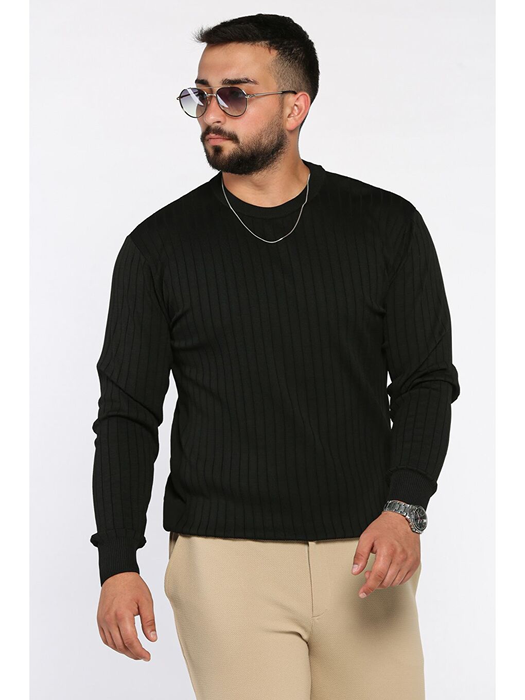 Siyah Bisiklet Yaka Erkek Triko Kazak-1